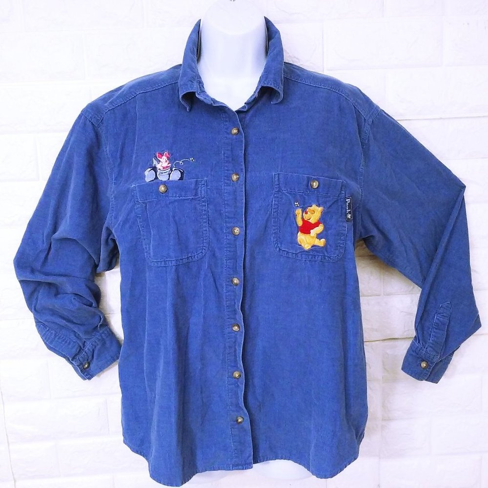 Pooh Disney Novelty Corduroy Shirt Shacket -M Buttons Embroidery Winnie Piglet
